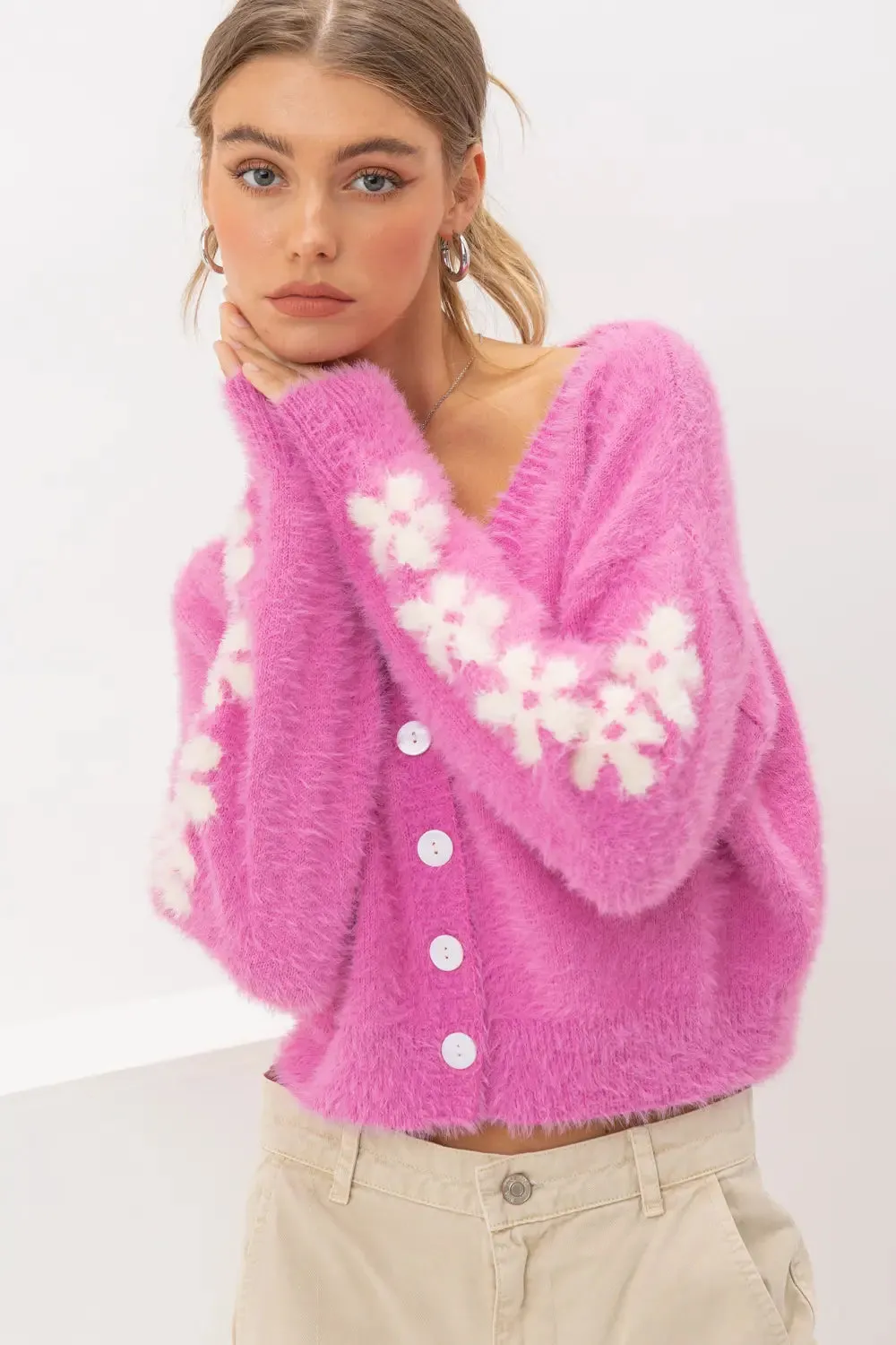 Jolie Floral Sleeve Fuzzy Cardigan