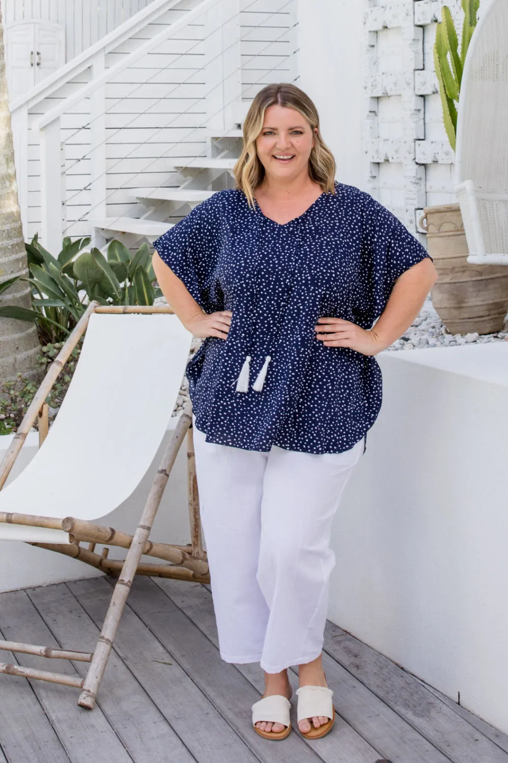 Kaftan Top - Navy Messy Polka