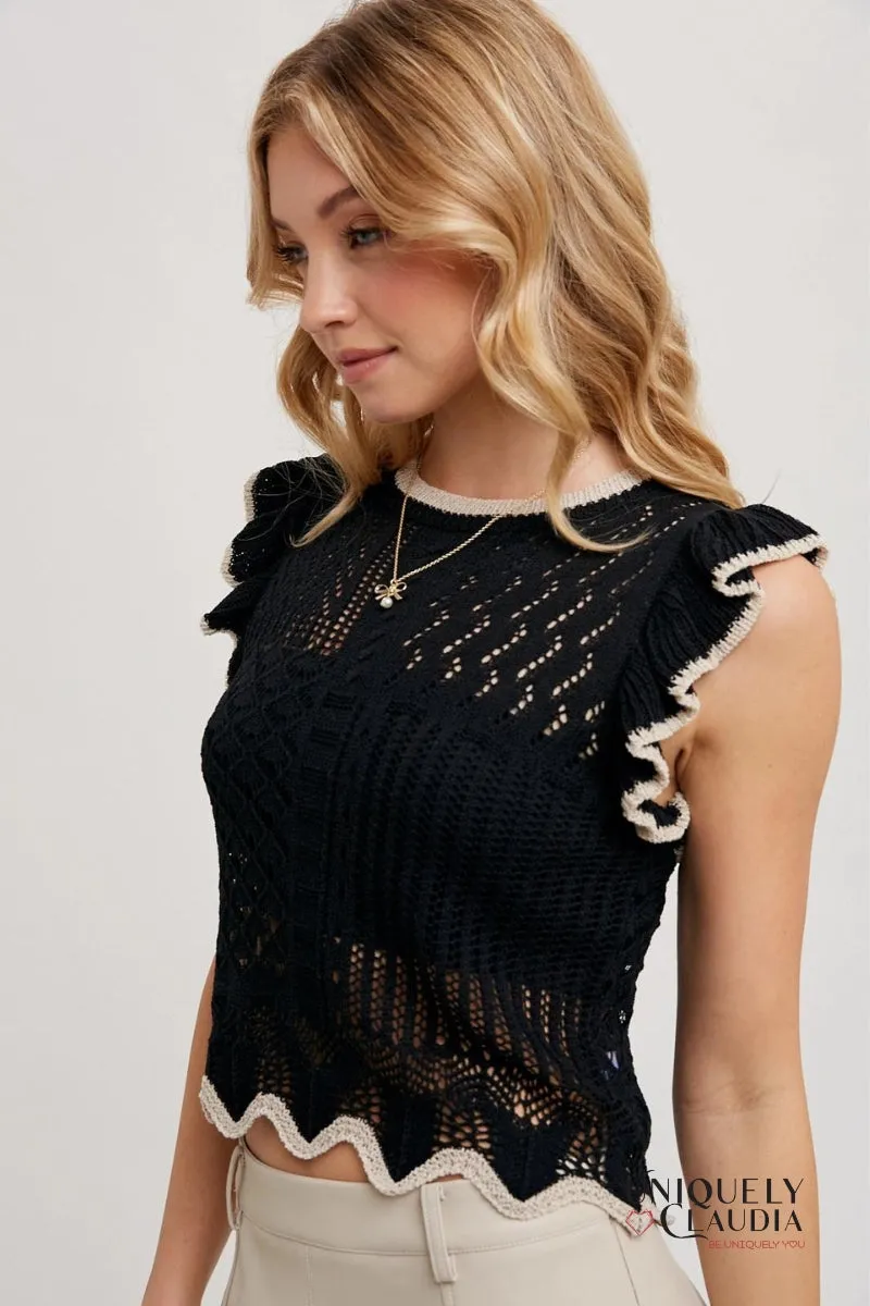 Karla Eyelet Contrast Knit Ruffled Scalloped Top