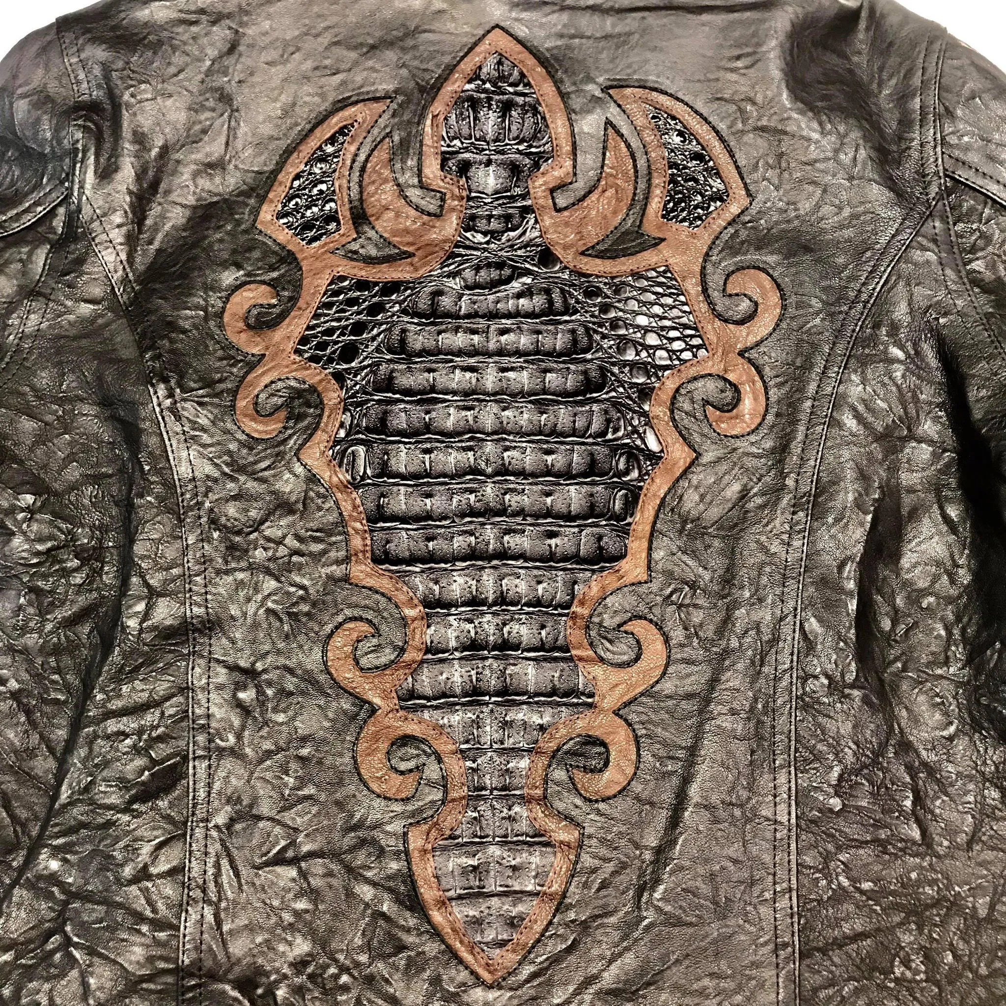 Kashani Black Horn-Back Alligator Stitched Bomber Jacket