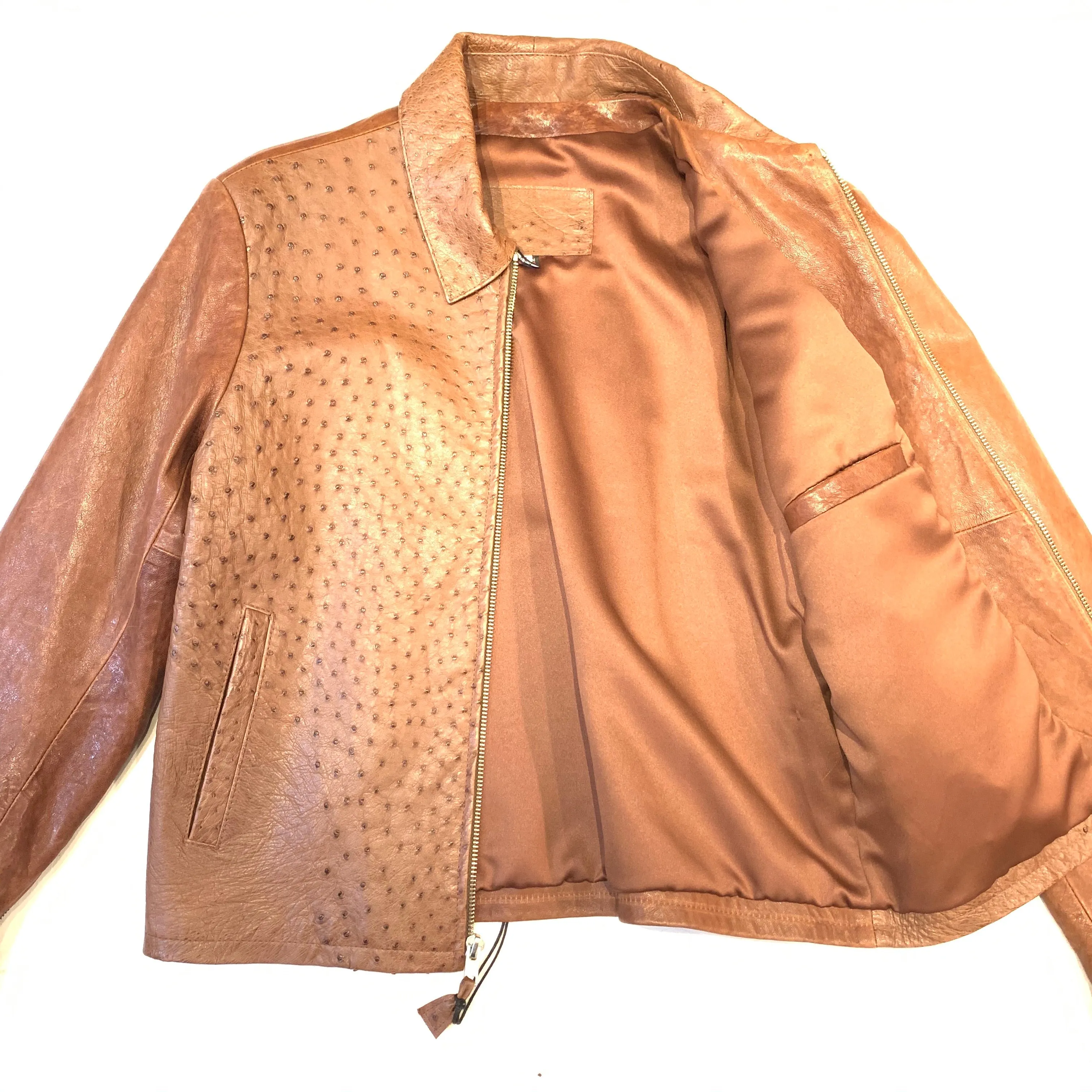 Kashani Chocolate Brown Ostrich Quill/Lambskin Collared Bomber Jacket