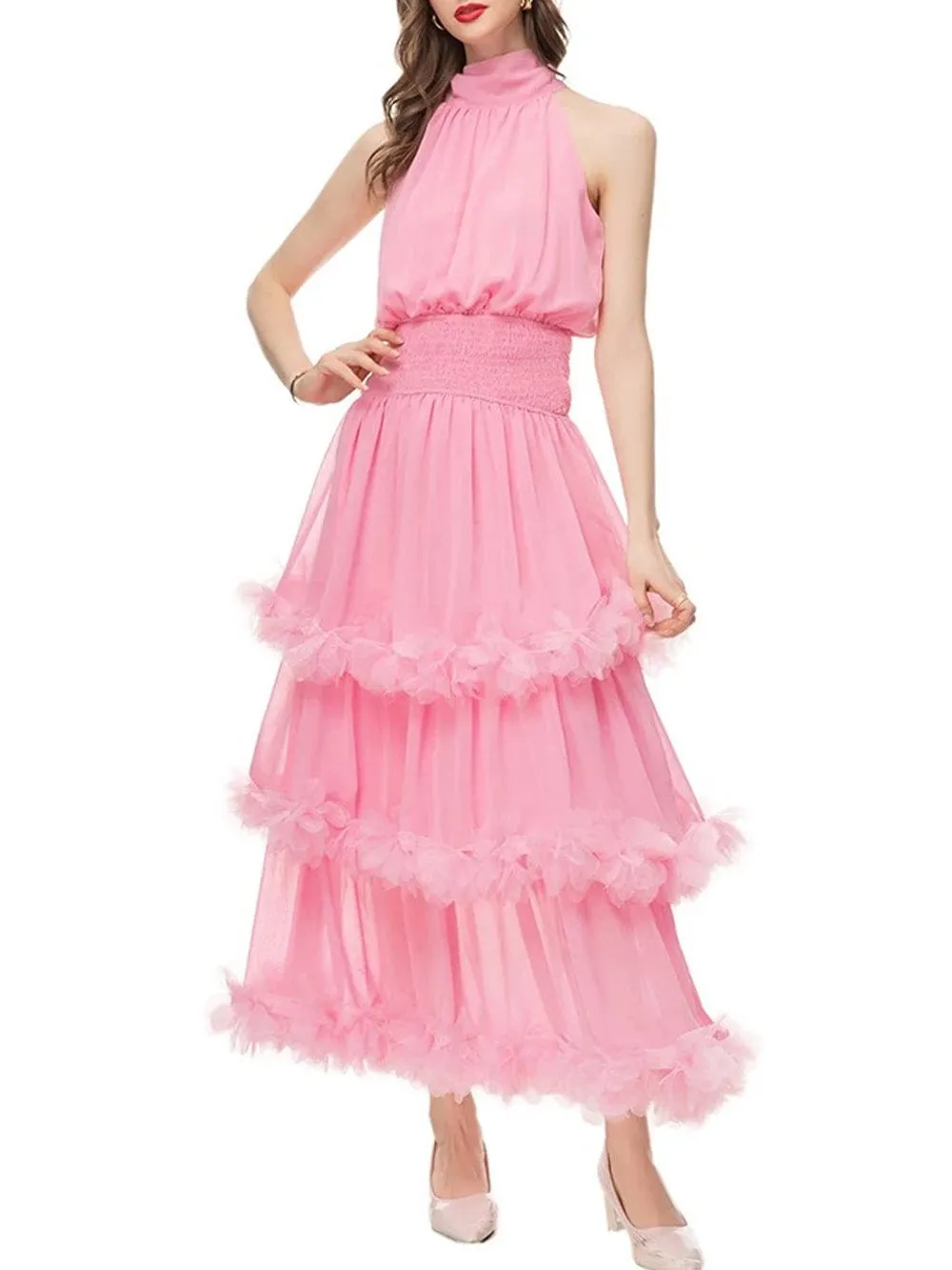 Katie Sleeveless Elastic Ruffle Maxi Dress