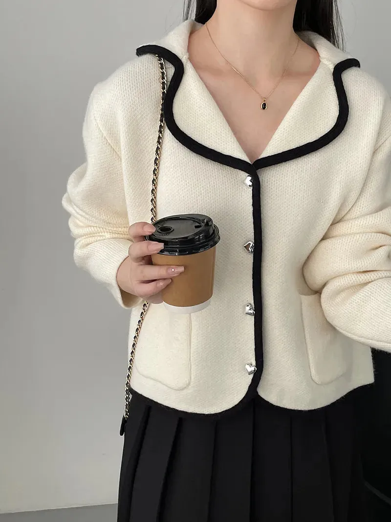 [Korean Style] Chic Heart Button Collared Pocket Cardigan