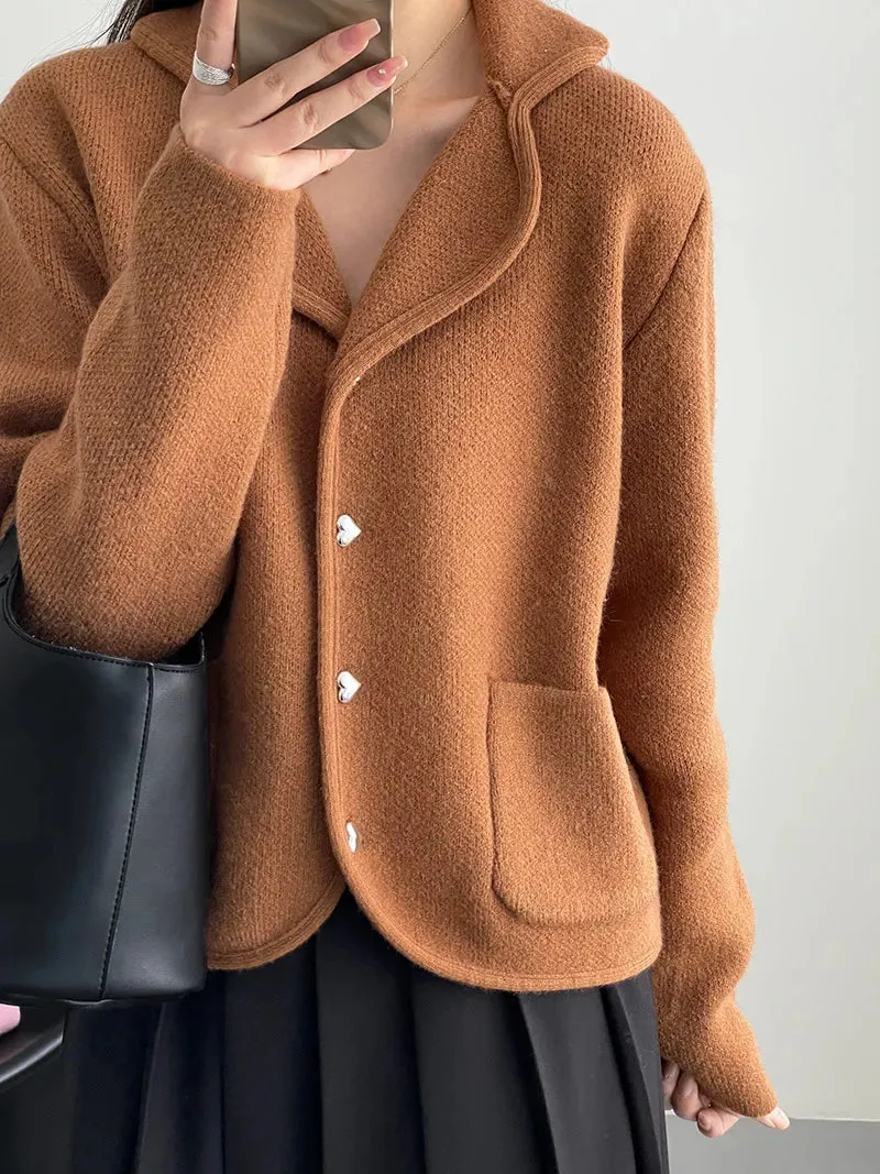 [Korean Style] Chic Heart Button Collared Pocket Cardigan