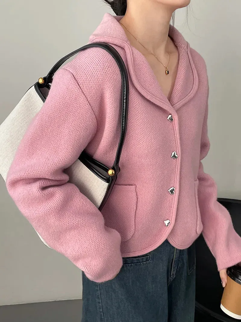 [Korean Style] Chic Heart Button Collared Pocket Cardigan