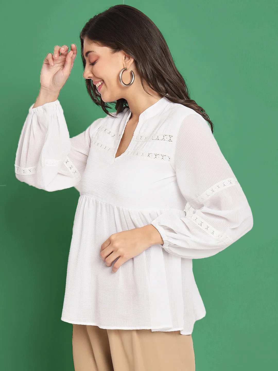 Lace Detail White Solid Kurti