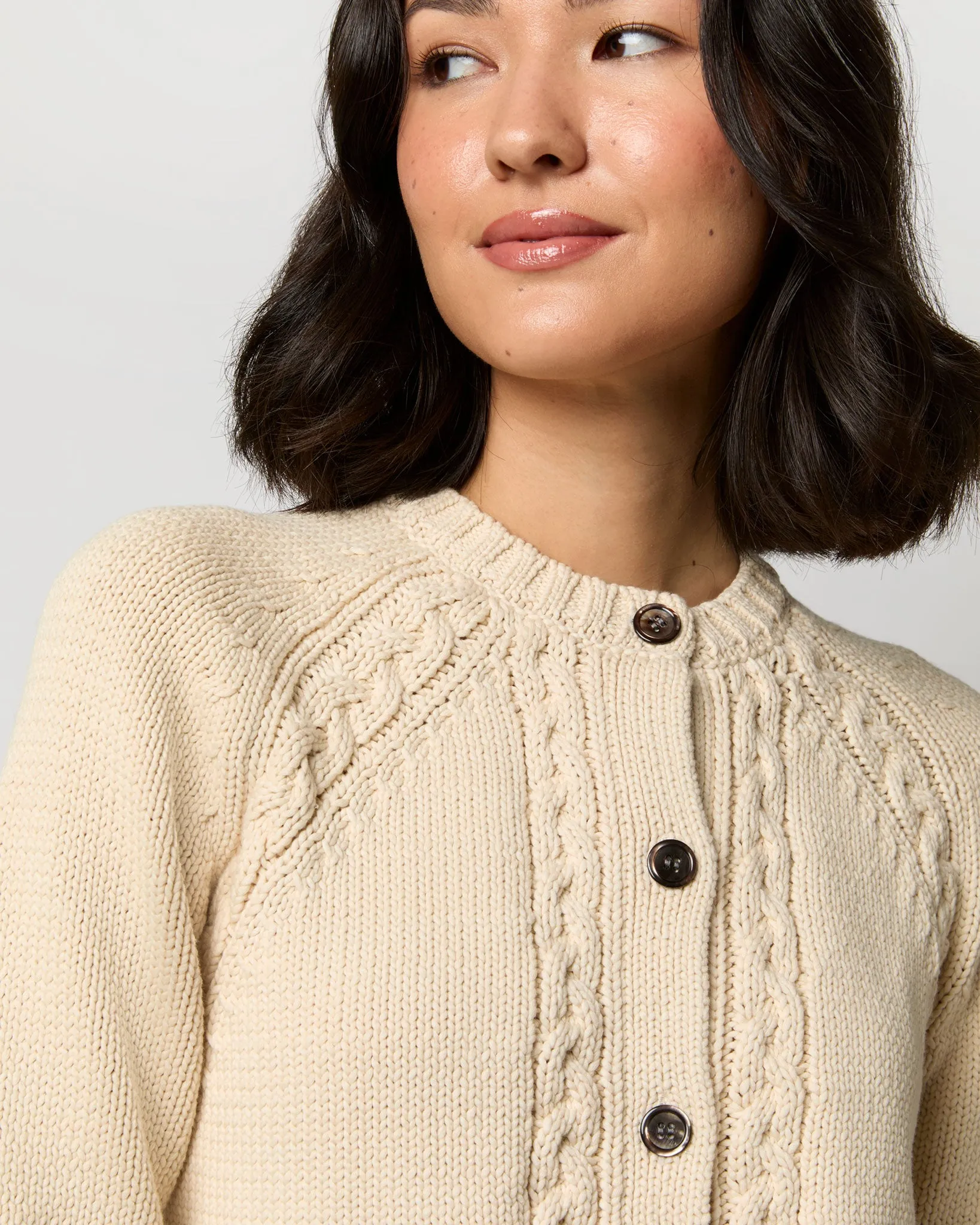 Lauren Cardigan in Cream Cotton Tape Yarn