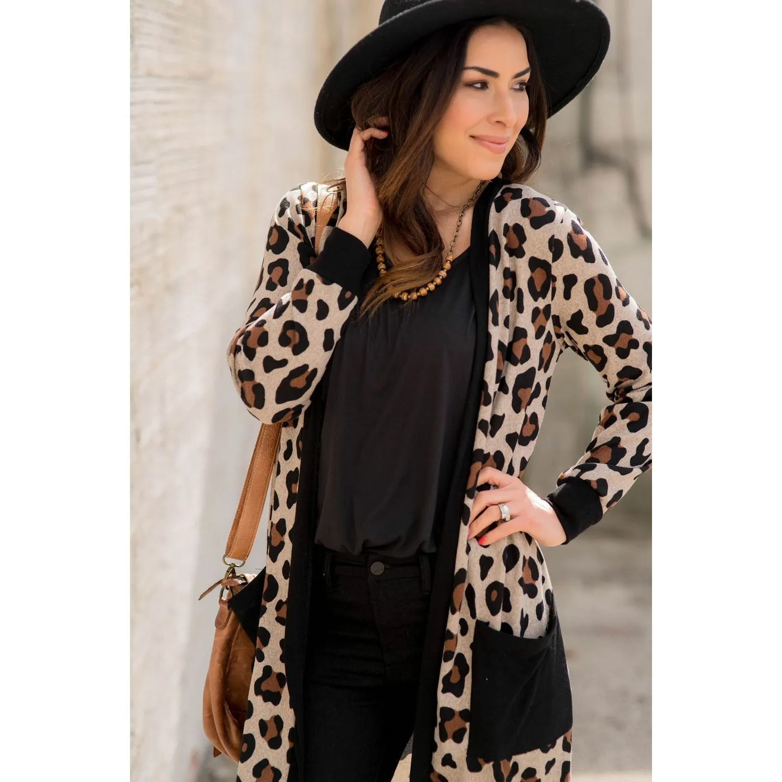 Leopard Solid Trim Tunic Cardigan