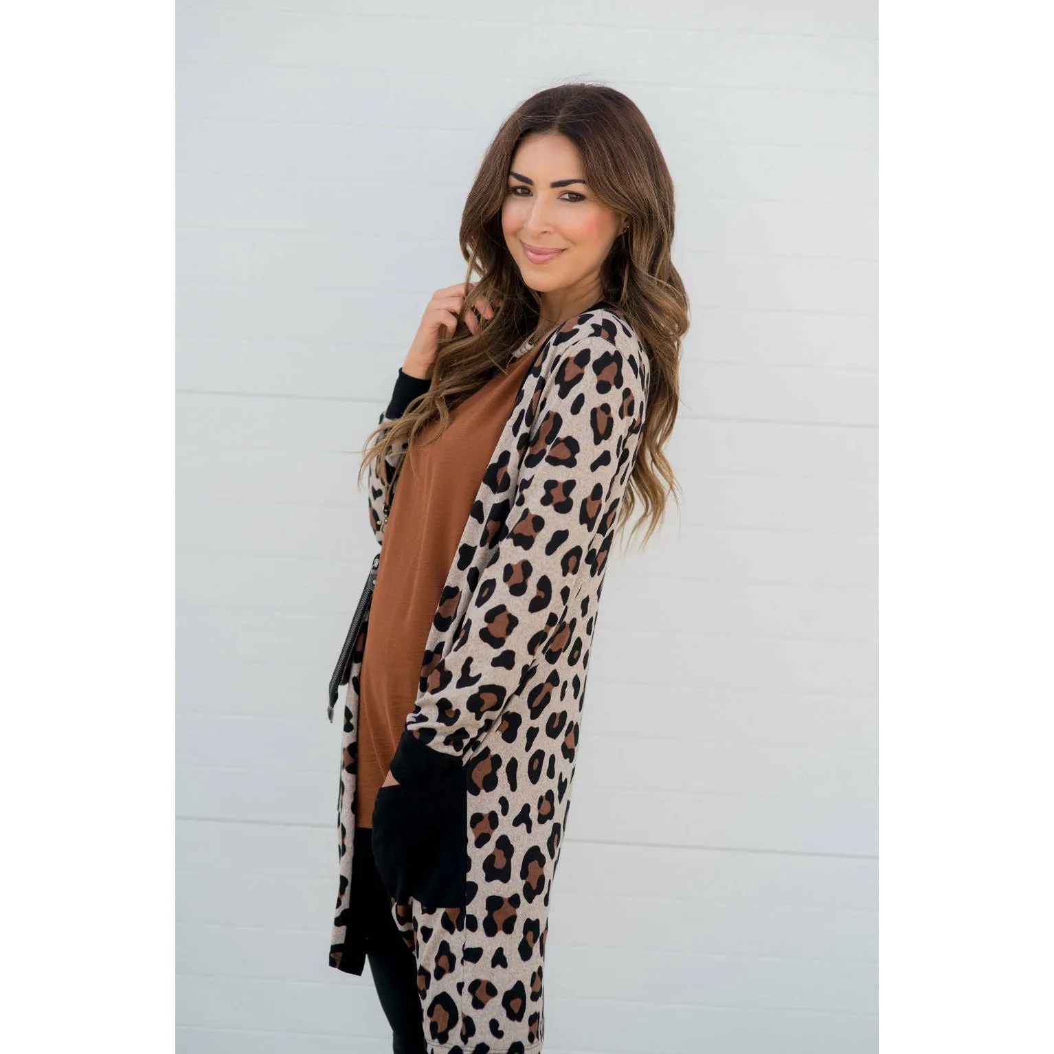 Leopard Solid Trim Tunic Cardigan