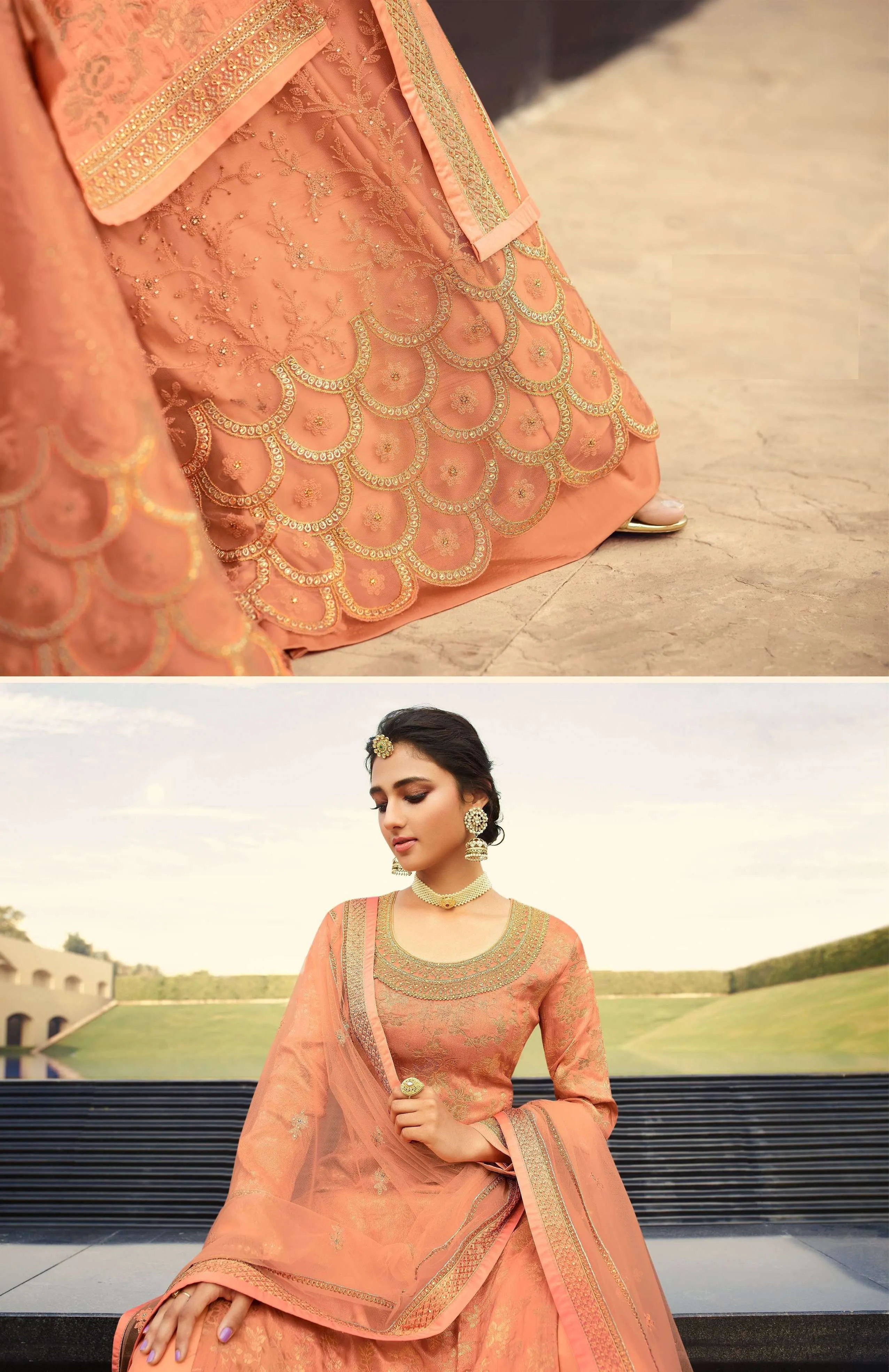 Light Peach Jacquard Silk Woven Palazzo Suit