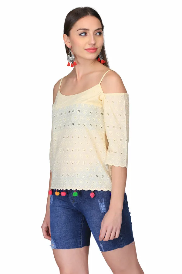 LIGHT YELLOW COLD SHOULDER TOP