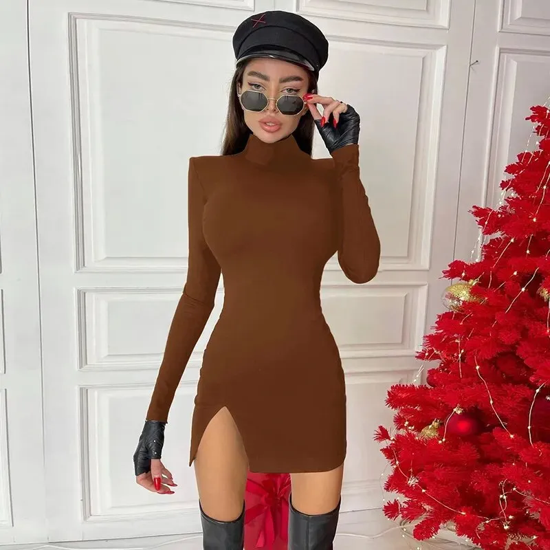 Long Sleeve Polo Neck Front Split Dress