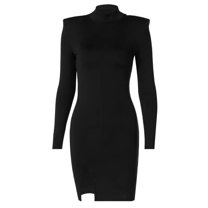 Long Sleeve Polo Neck Front Split Dress