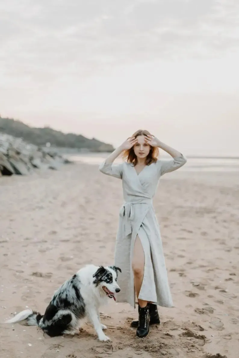 Long Wrap Linen Dress in Beige Melange