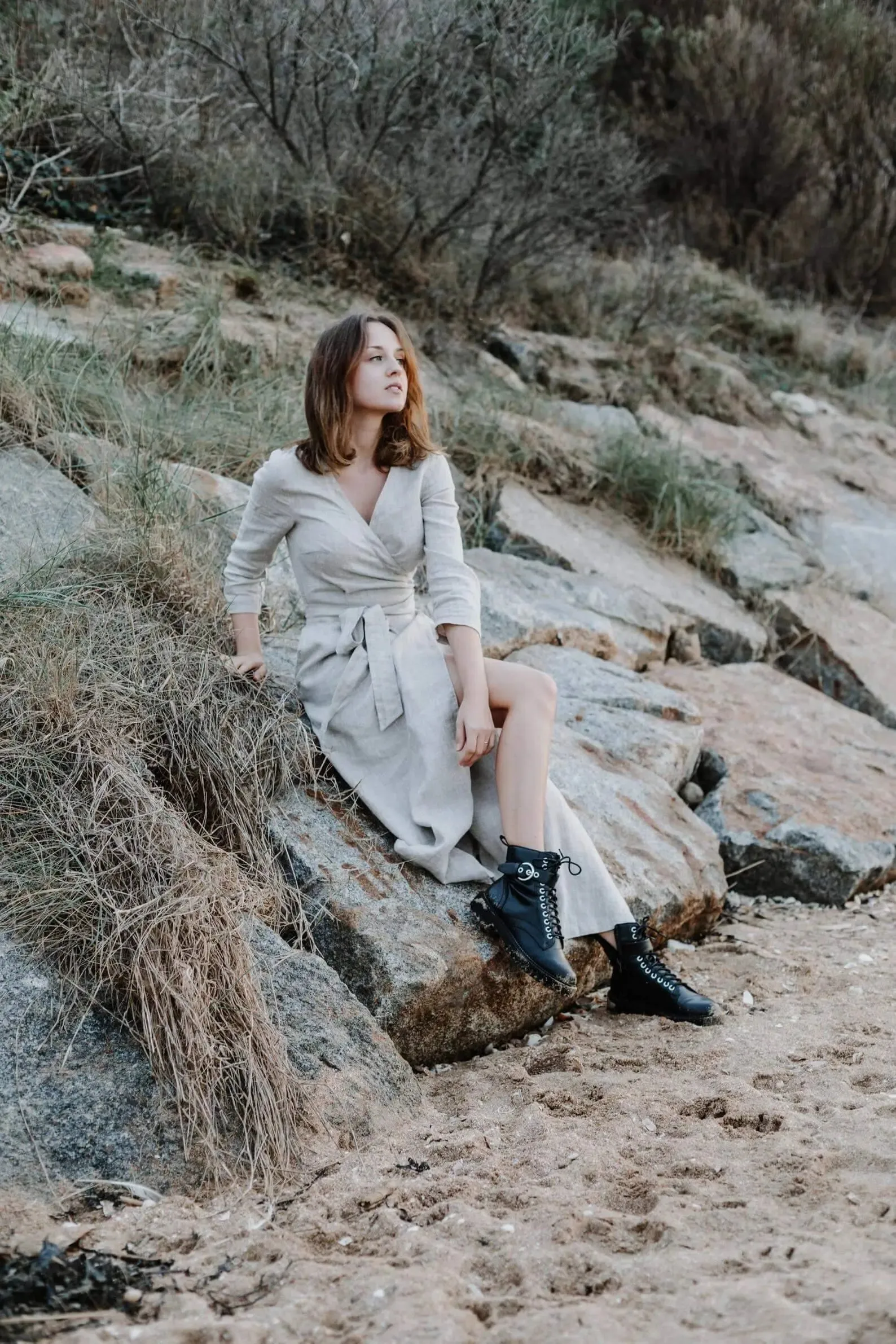 Long Wrap Linen Dress in Beige Melange