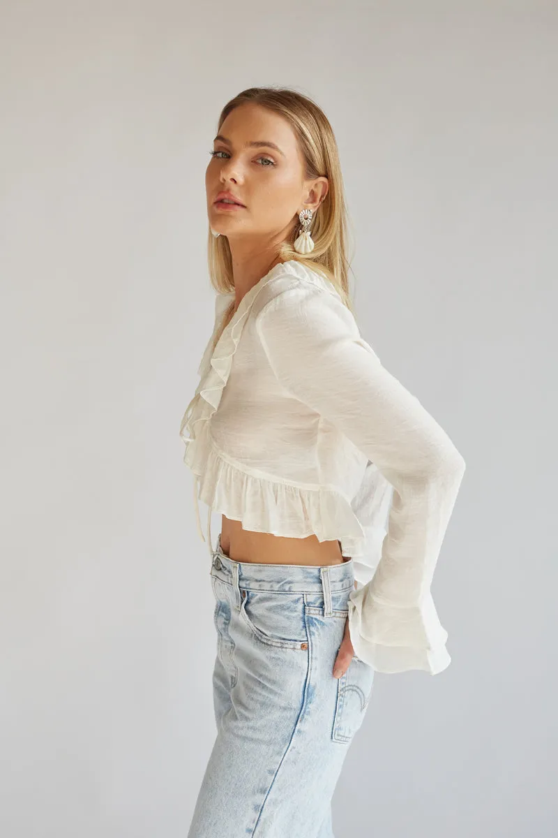 Lorraine Ruffled Long Sleeve Tie-Front Top