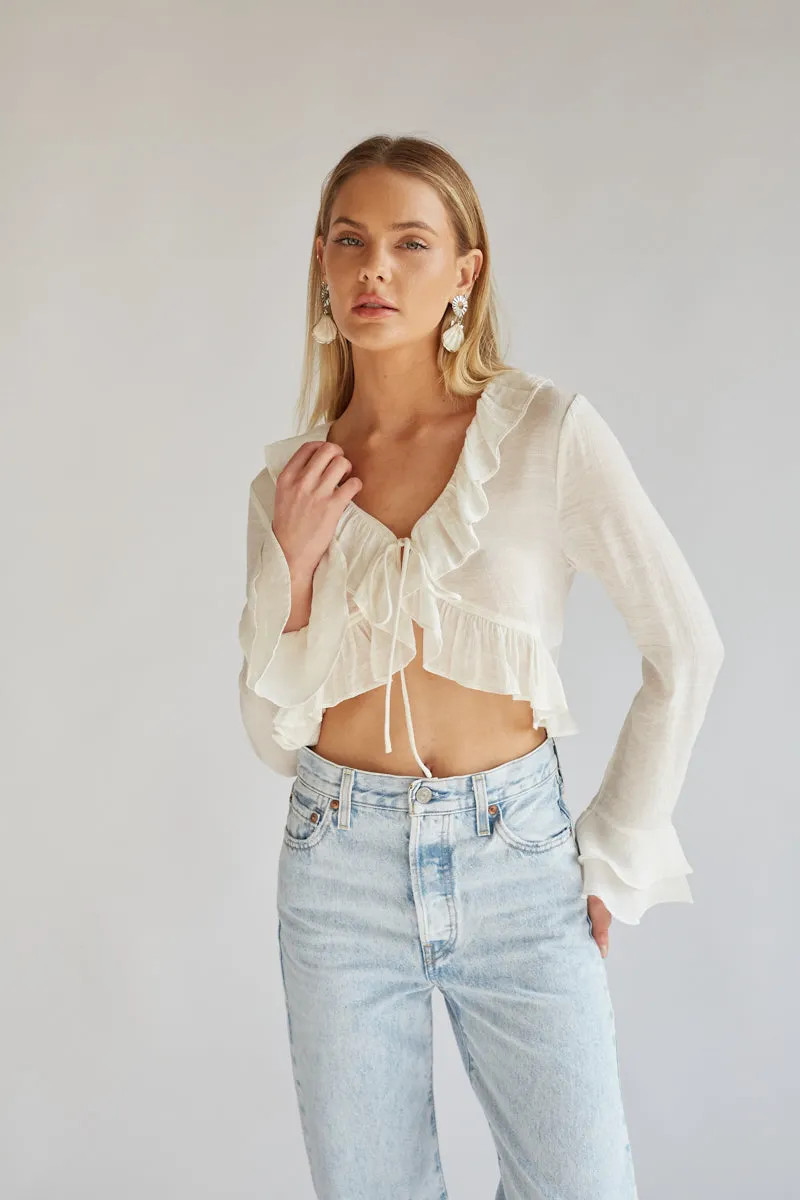 Lorraine Ruffled Long Sleeve Tie-Front Top