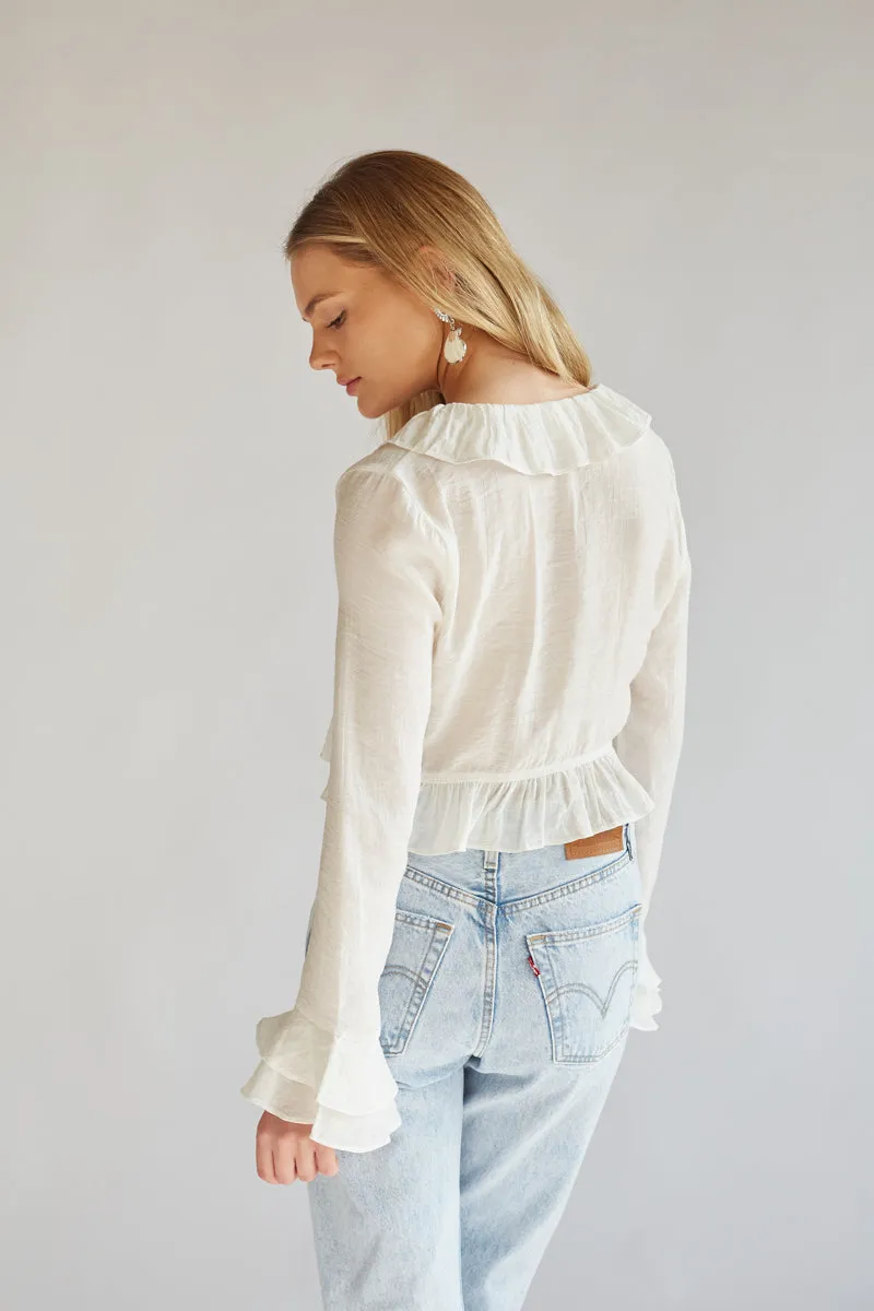 Lorraine Ruffled Long Sleeve Tie-Front Top