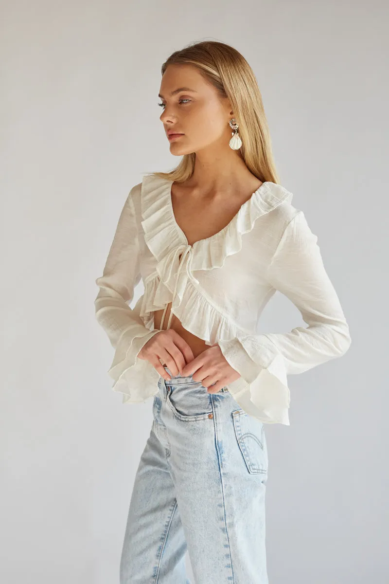 Lorraine Ruffled Long Sleeve Tie-Front Top