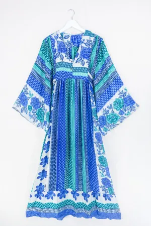 Lunar Maxi Dress - Vintage Sari - Jade & Indigo Floral - Size S/M