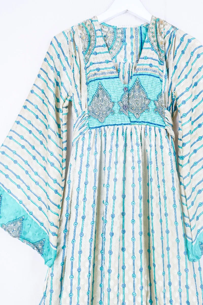 Lunar Maxi Dress - Vintage Sari - Sand & Seafoam Graphic - Size XS