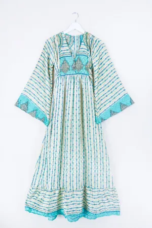 Lunar Maxi Dress - Vintage Sari - Sand & Seafoam Graphic - Size XS