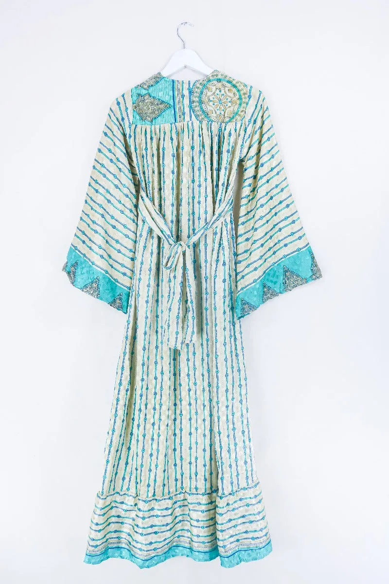 Lunar Maxi Dress - Vintage Sari - Sand & Seafoam Graphic - Size XS