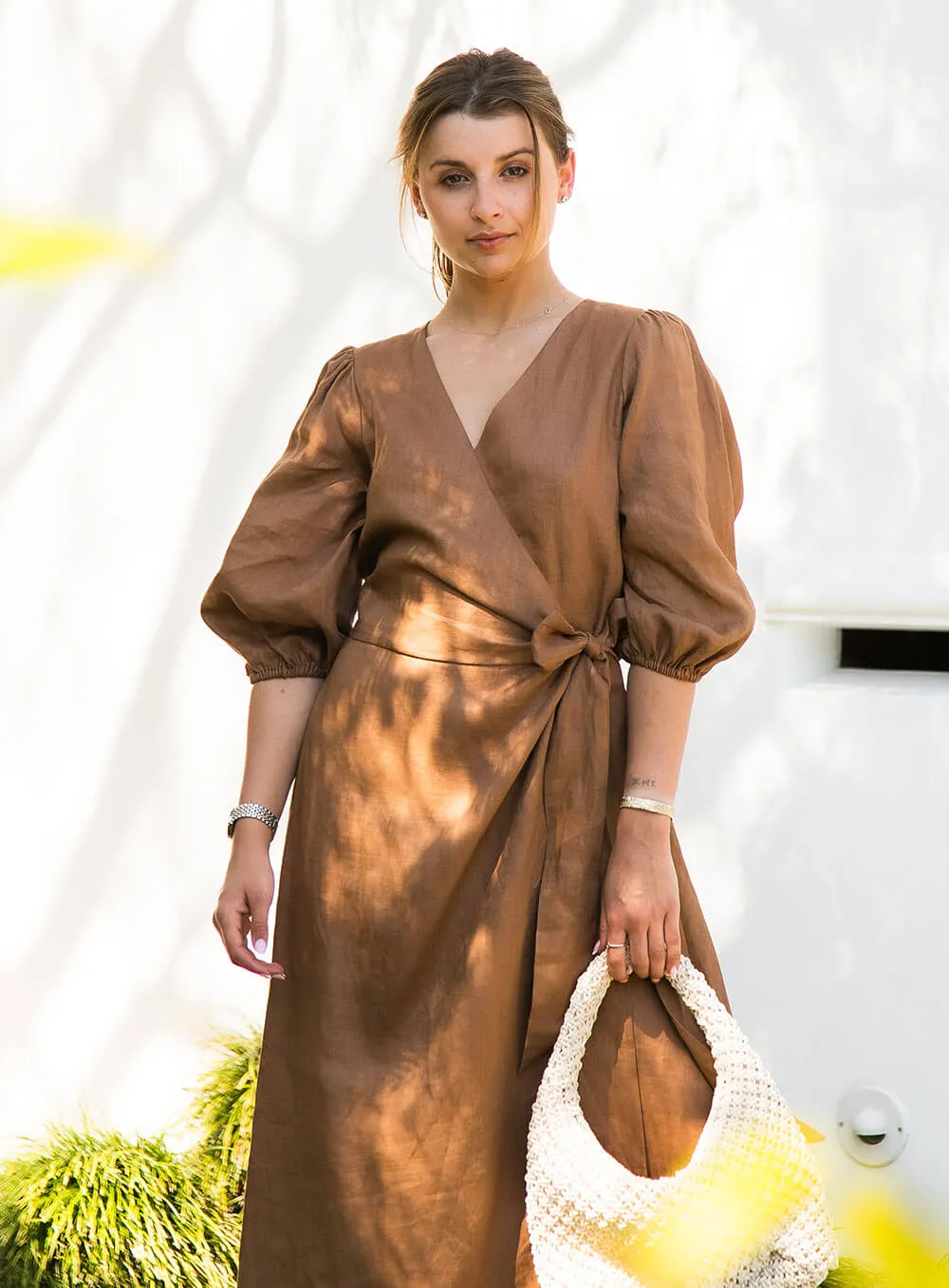 Lydia Linen Wrap Dress-Cocoa