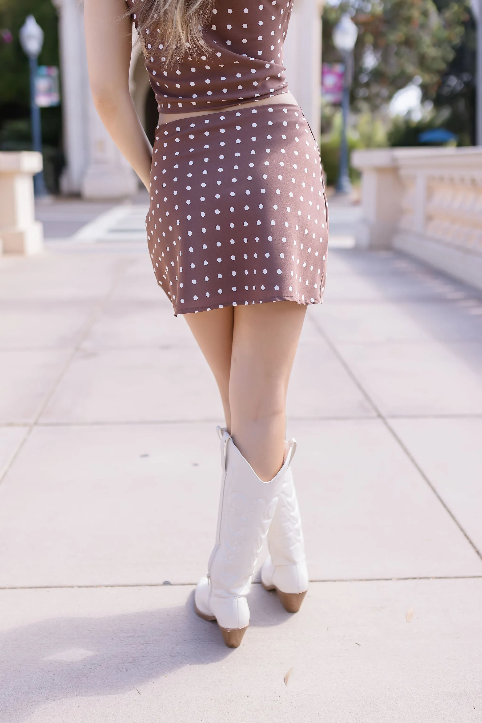 Maggie Sleeveless Polka Dot Print Top And Mini Skirt Set Brown