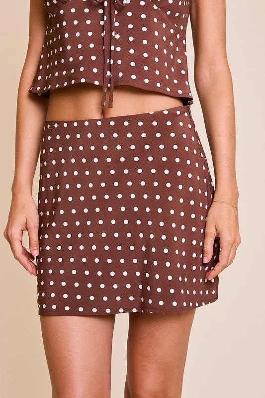 Maggie Sleeveless Polka Dot Print Top And Mini Skirt Set Brown