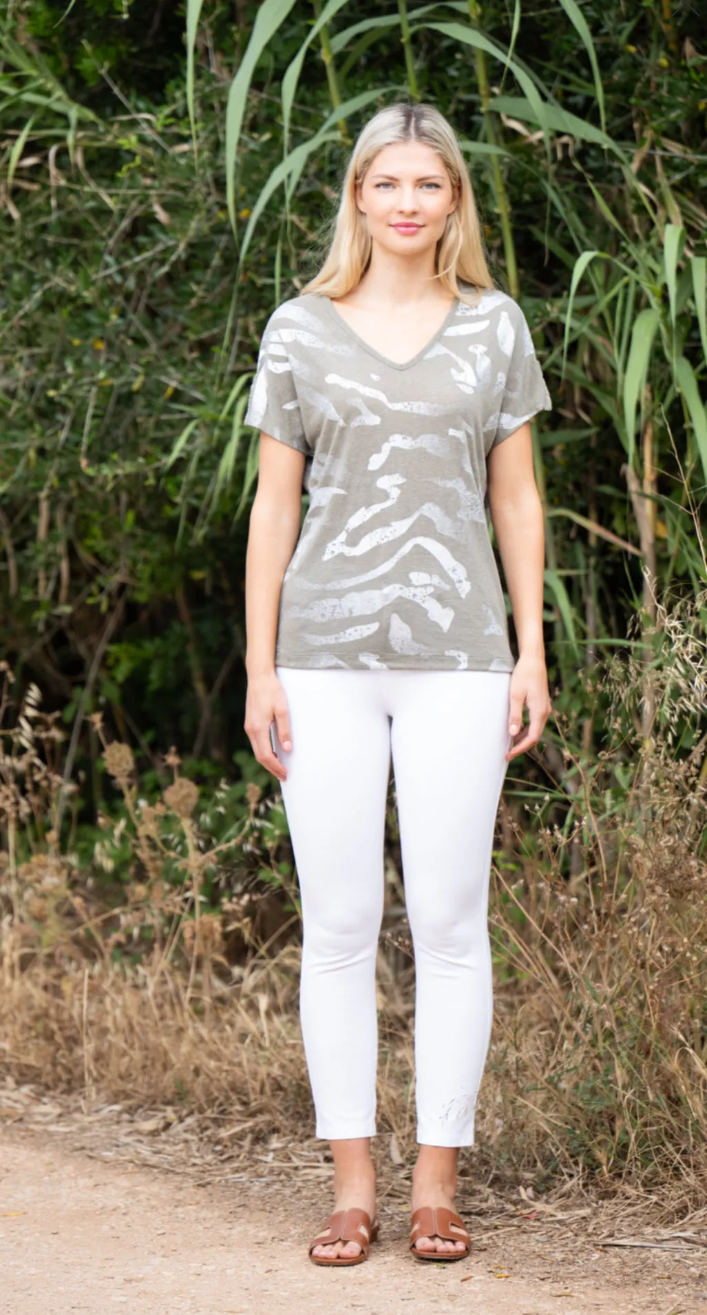 Marble 7371 V-Neck Foil Print Top (3 Colours)