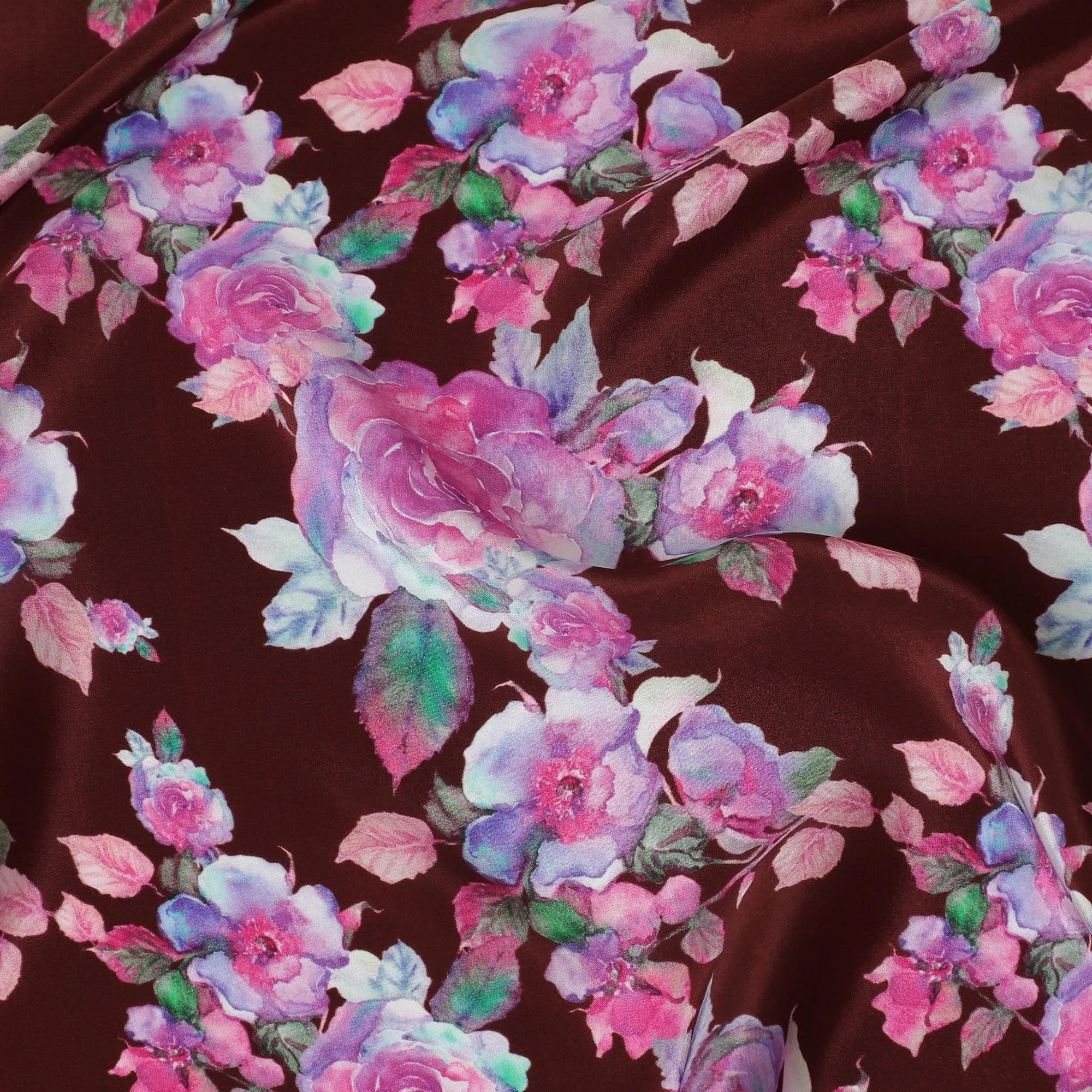 Maroon synthetic crepe fabric with multicolor crepe print in floral design-D14465