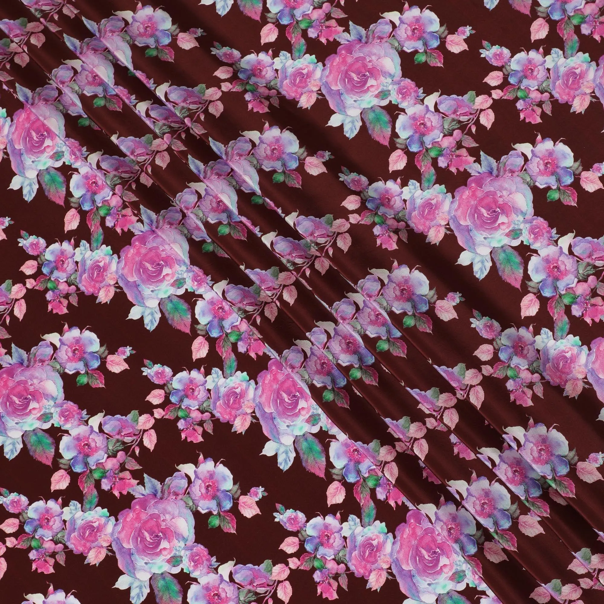 Maroon synthetic crepe fabric with multicolor crepe print in floral design-D14465