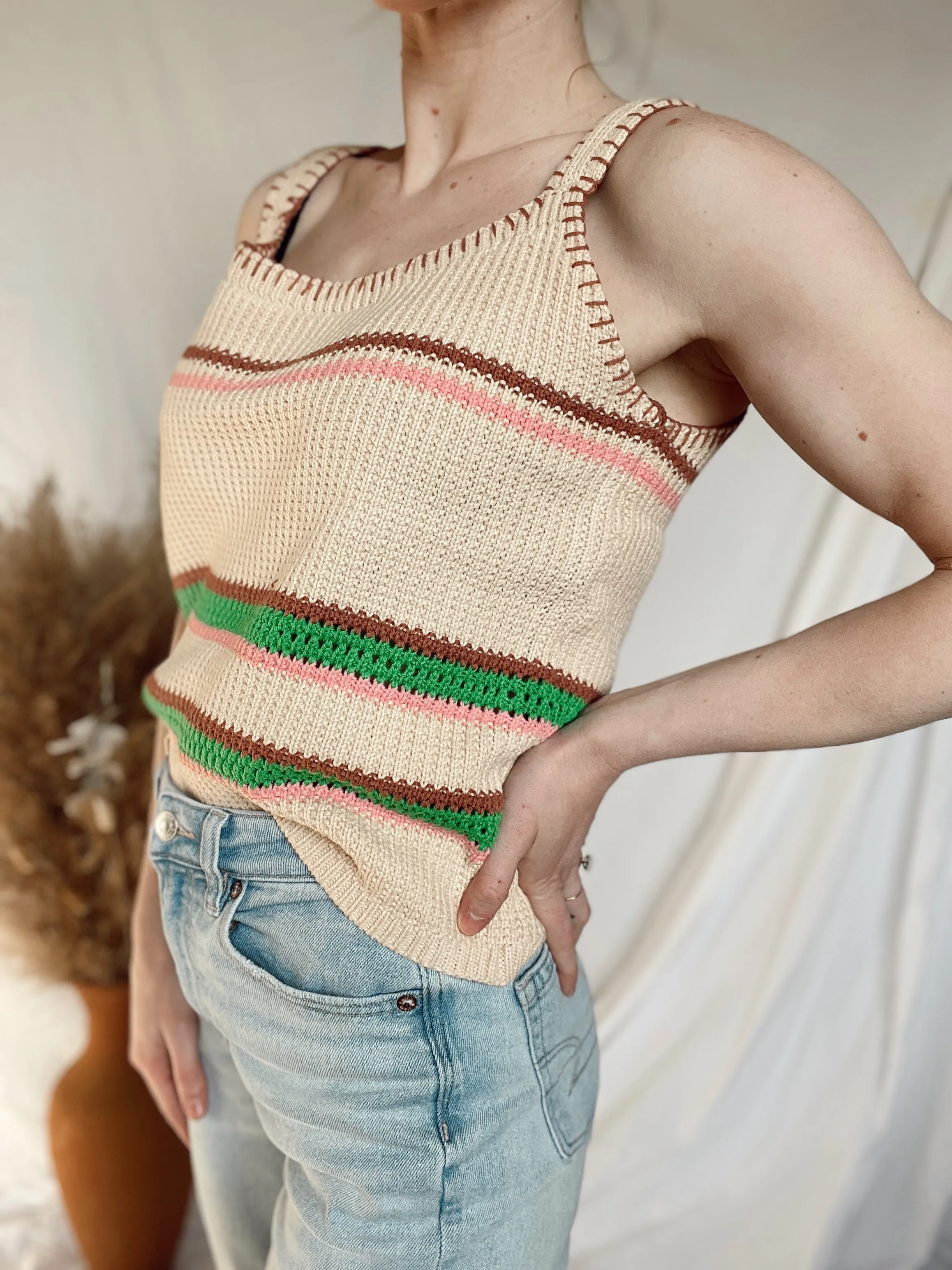 Multi-Color Natural Striped Crochet Sweater Tank