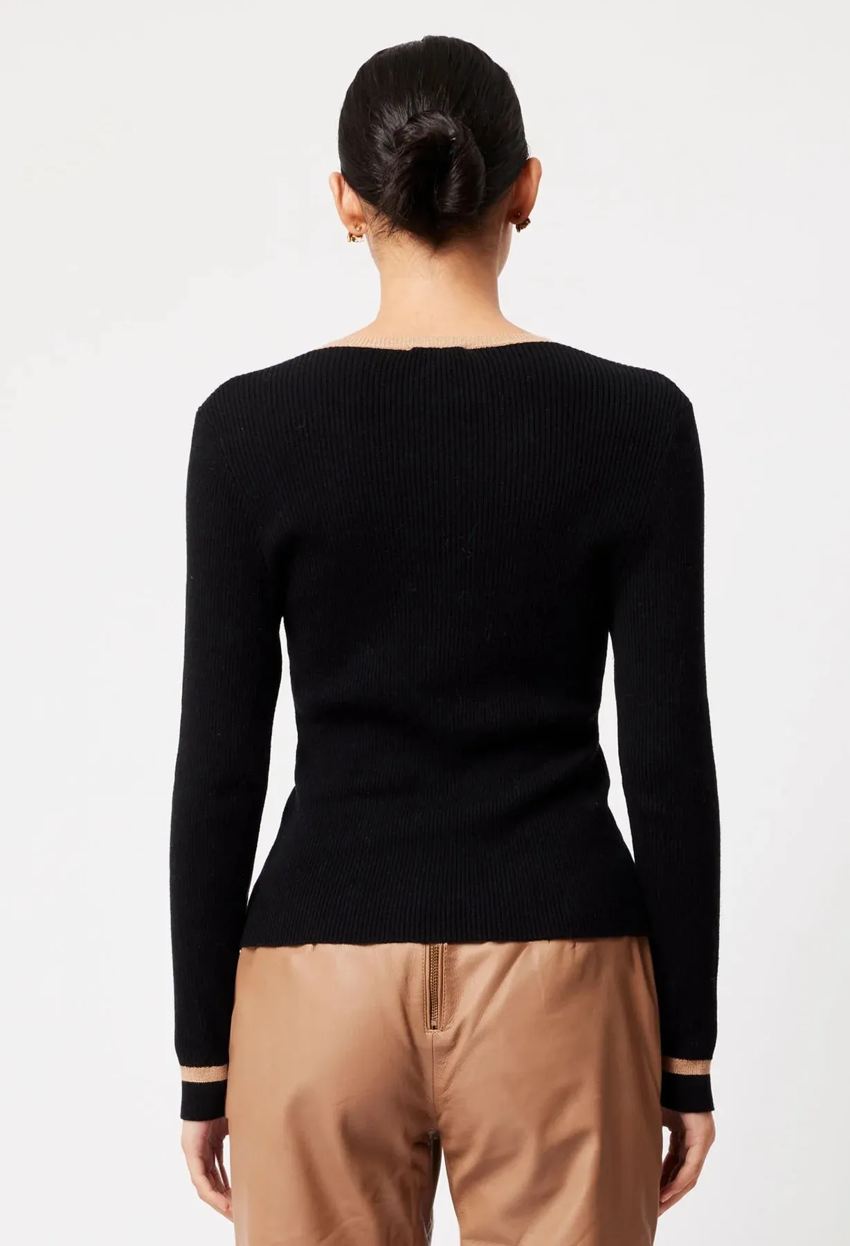 ONCE WAS NOVA MARINO WOOL KNIT TOP IN BLACK / HUSK