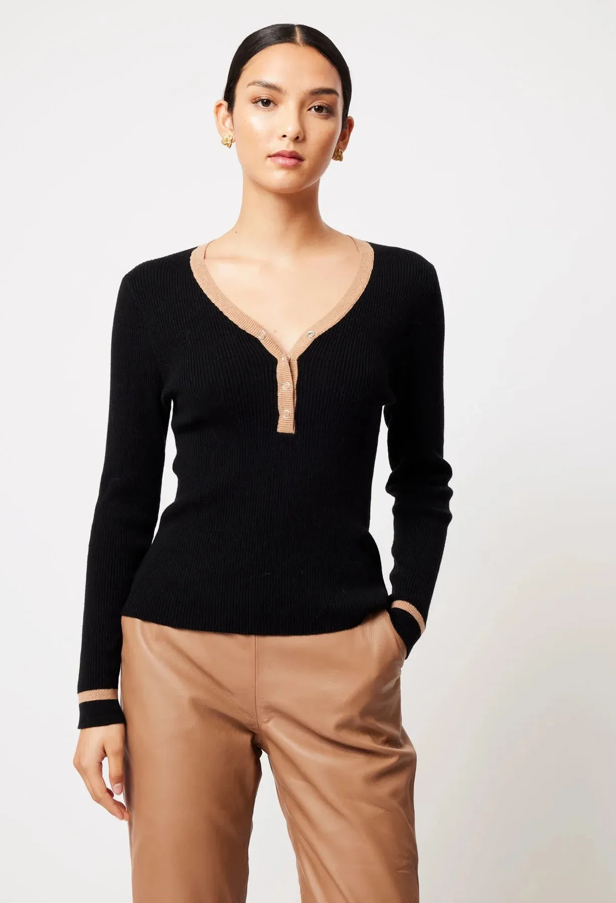 ONCE WAS NOVA MARINO WOOL KNIT TOP IN BLACK / HUSK