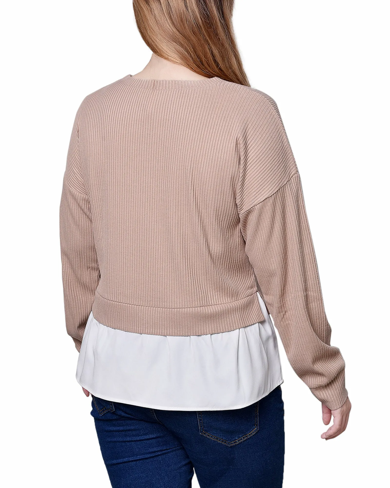 Petite Long Sleeve Two-Fer Top With Gathered Inset