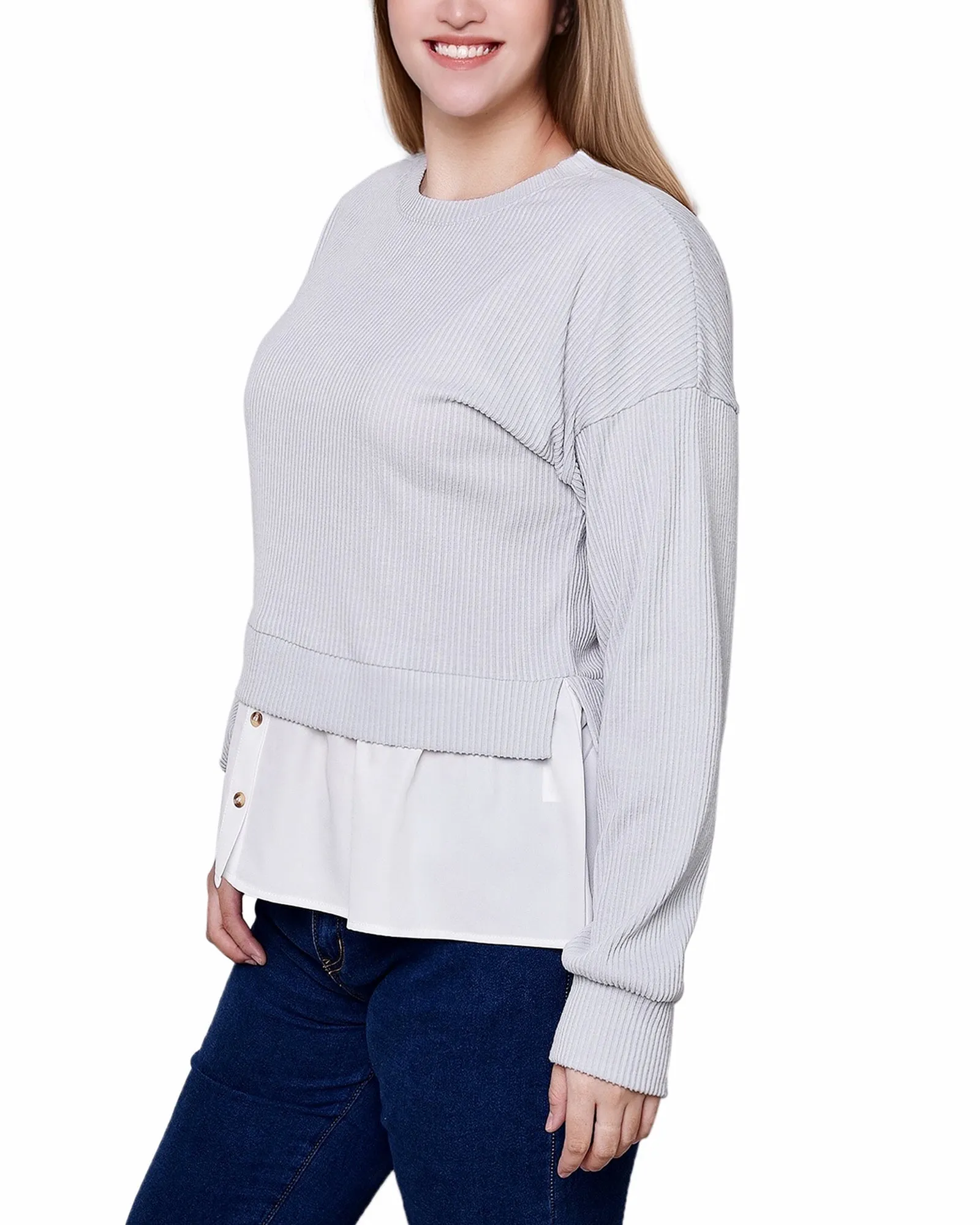 Petite Long Sleeve Two-Fer Top With Gathered Inset