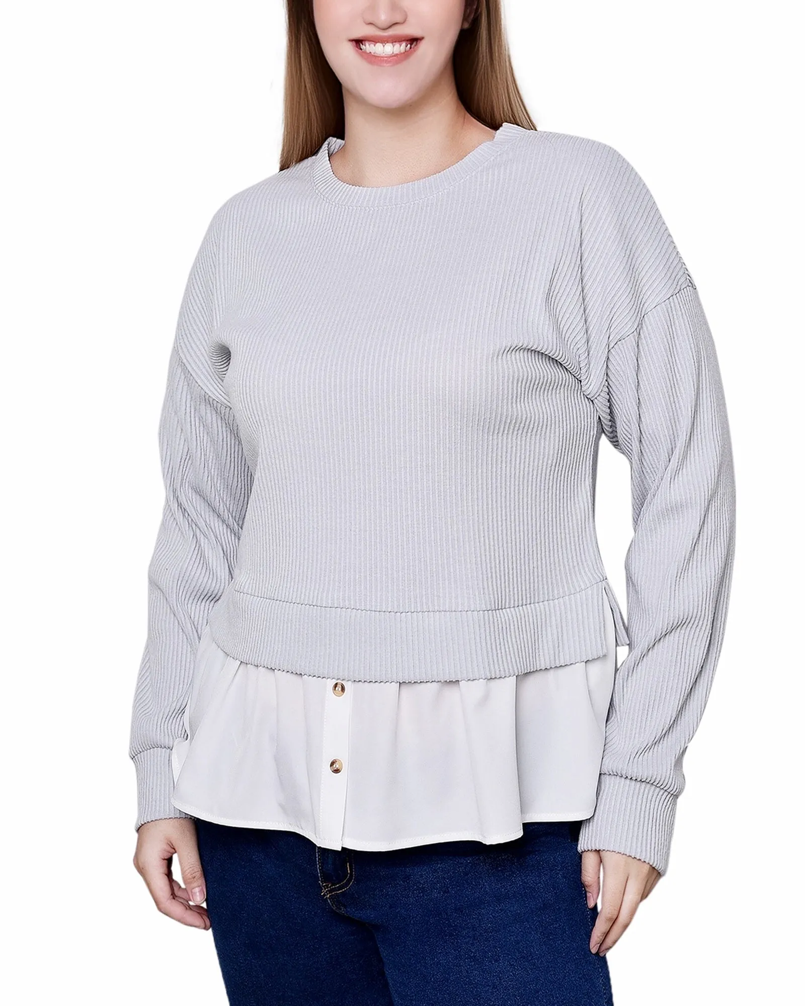 Petite Long Sleeve Two-Fer Top With Gathered Inset