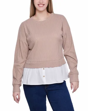 Petite Long Sleeve Two-Fer Top With Gathered Inset