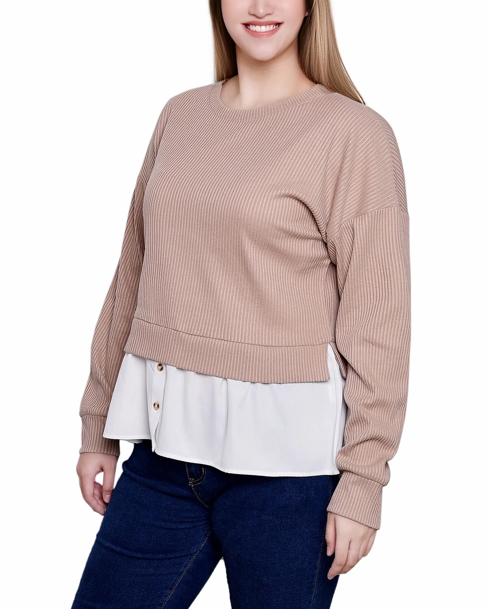 Petite Long Sleeve Two-Fer Top With Gathered Inset