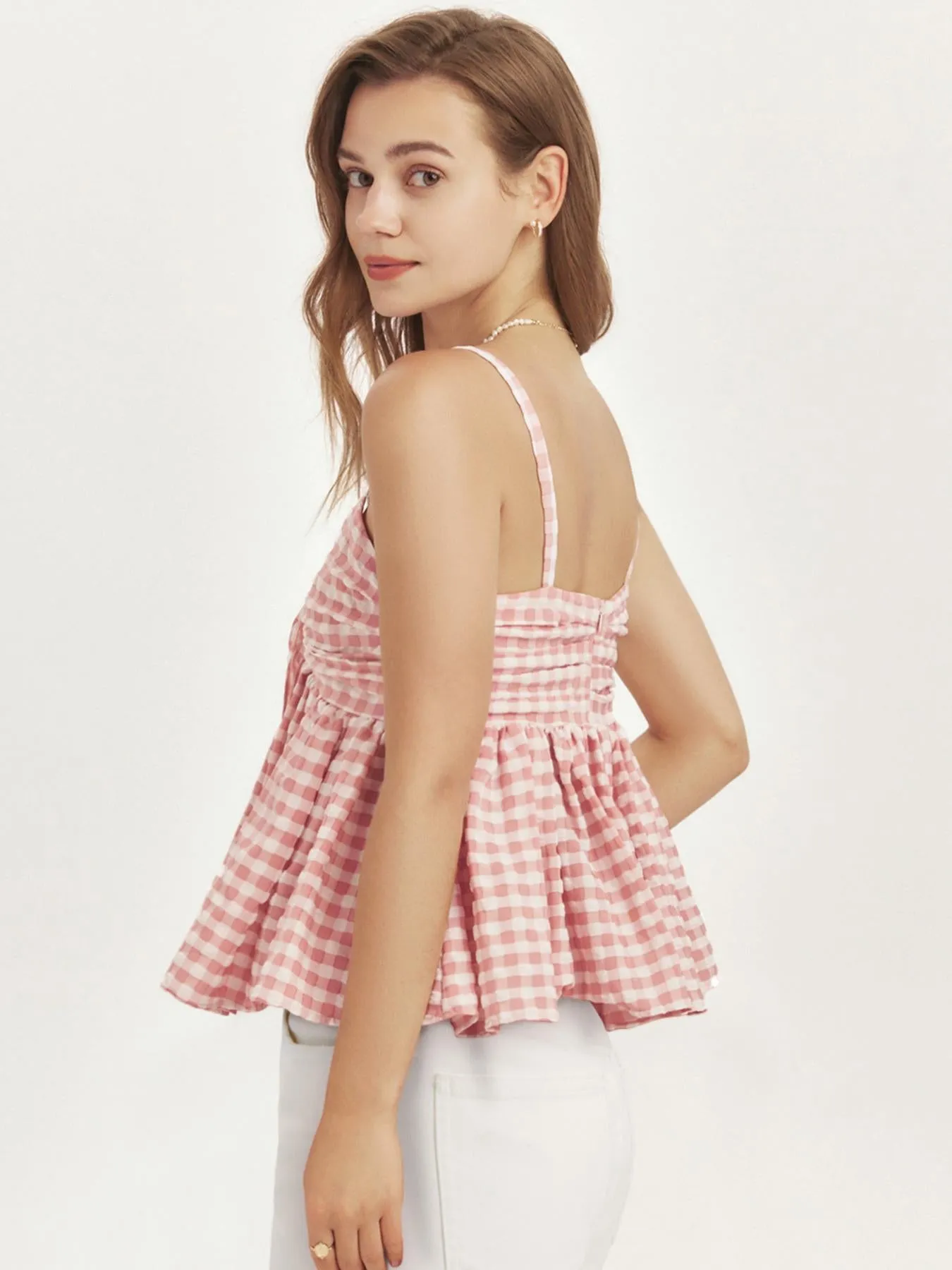 Plaid Ruffle Hem Bow Front Cami Top