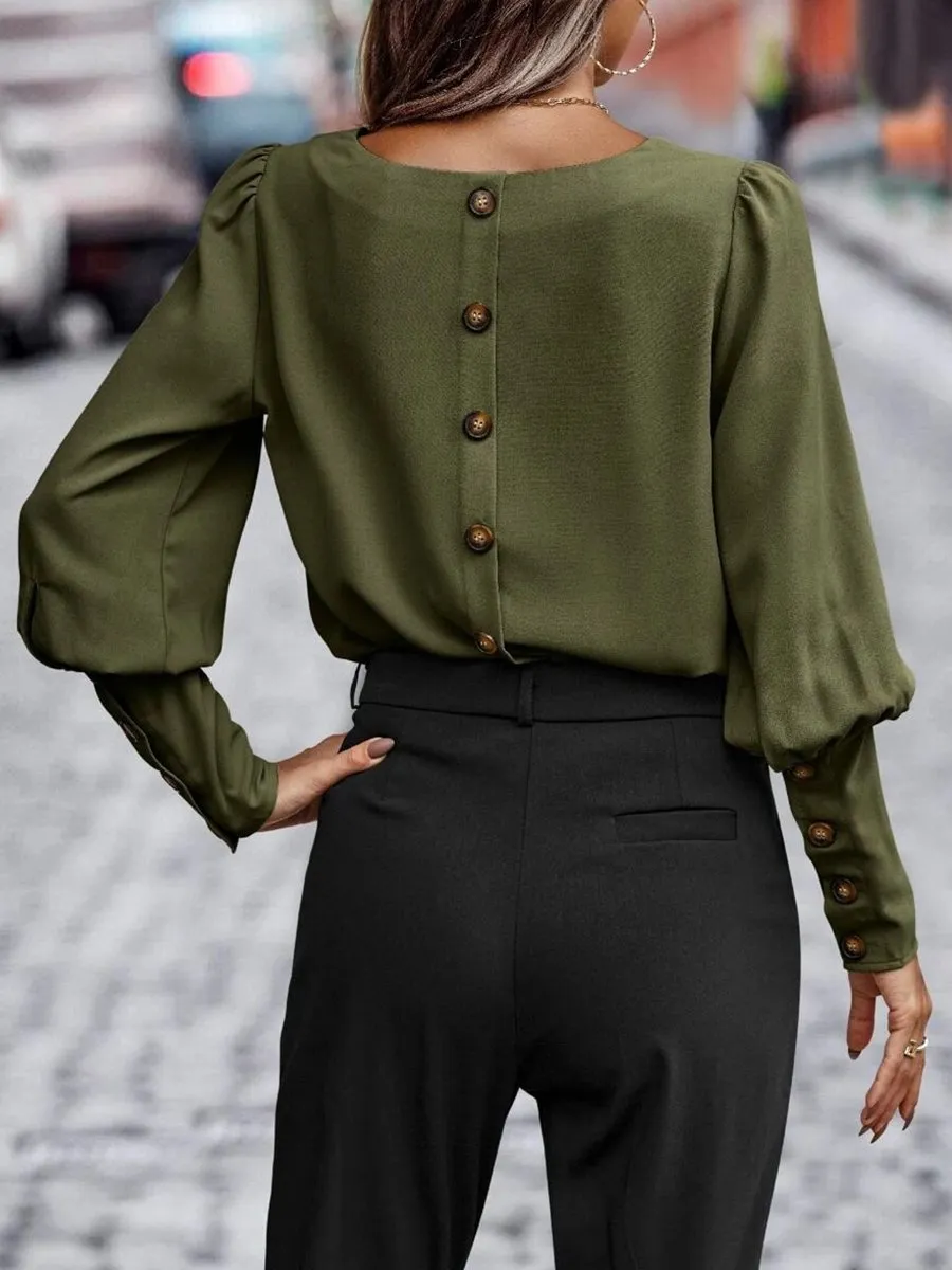 Puffed Sleeves Buttons Blouse 