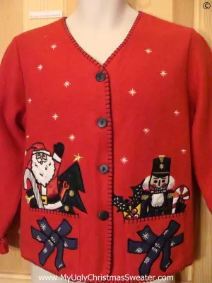 Red Cheap Christmas Sweater Santa and Nutcracker