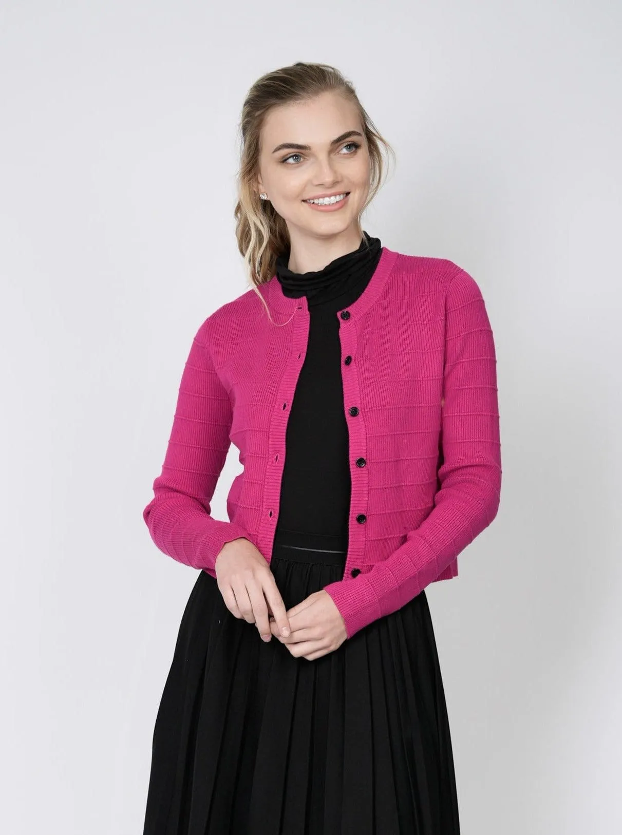 RIBBED CROPPED CARDIGAN-HOT PINK