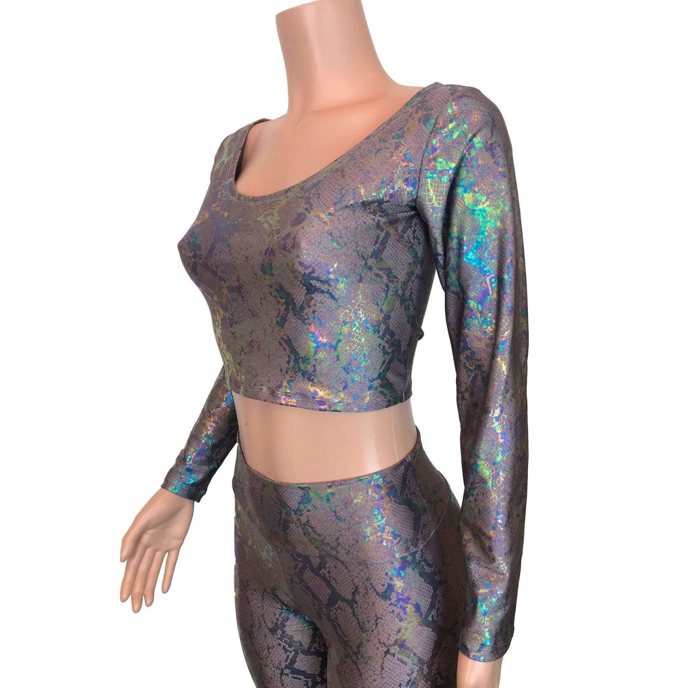 SALE - Long Sleeve Crop Top - Mauve Snakeskin Holographic