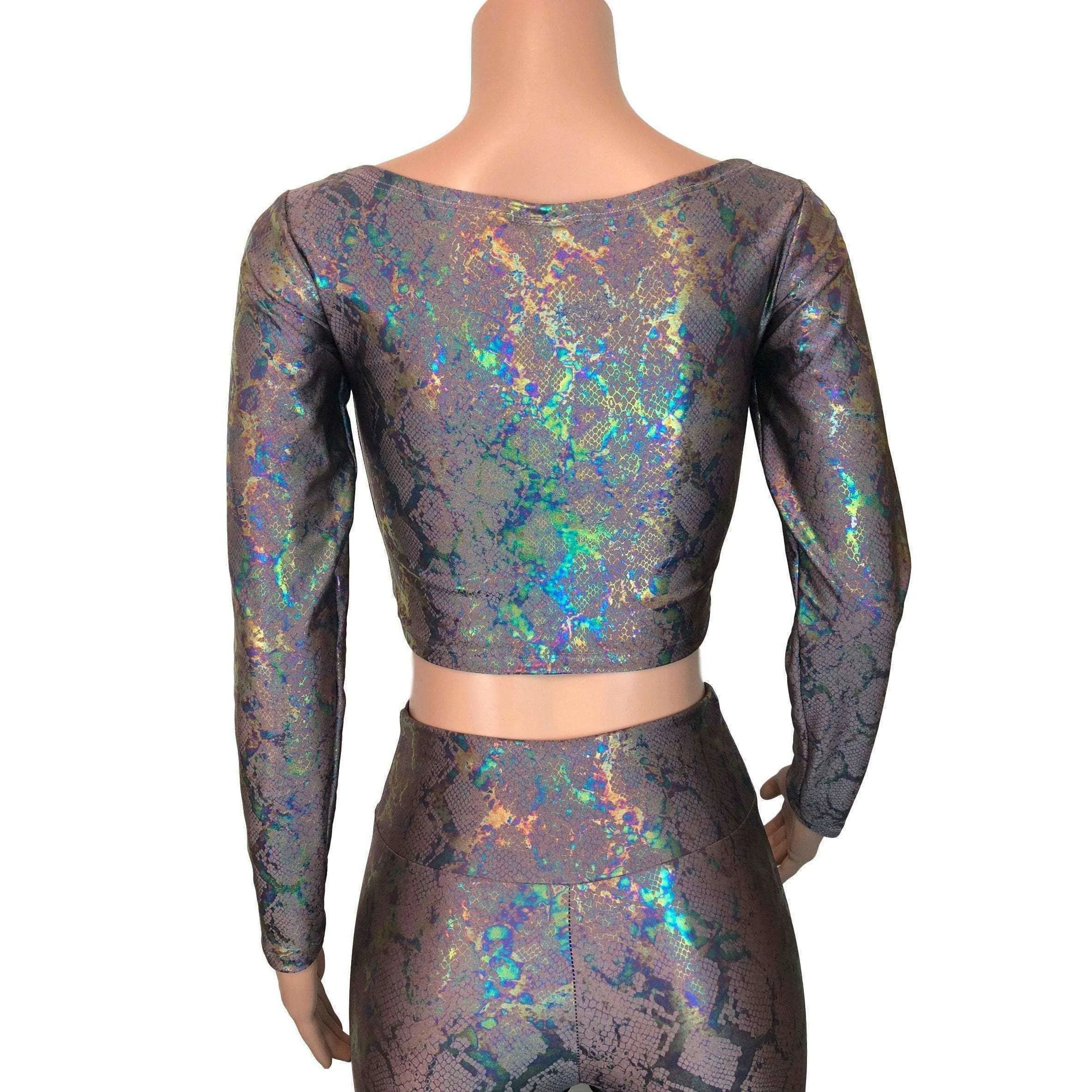 SALE - Long Sleeve Crop Top - Mauve Snakeskin Holographic