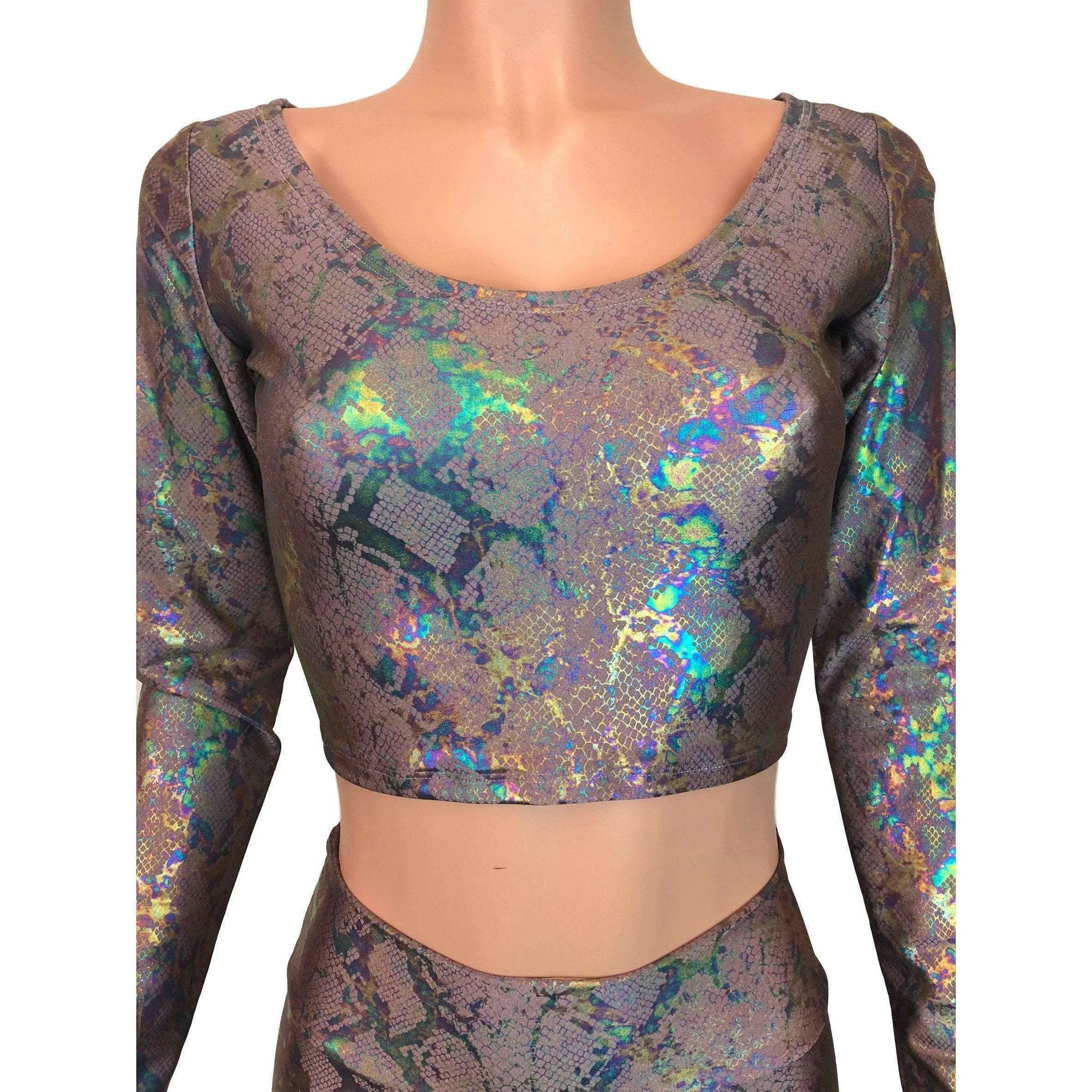 SALE - Long Sleeve Crop Top - Mauve Snakeskin Holographic