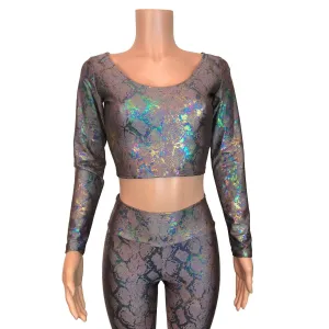 SALE - Long Sleeve Crop Top - Mauve Snakeskin Holographic