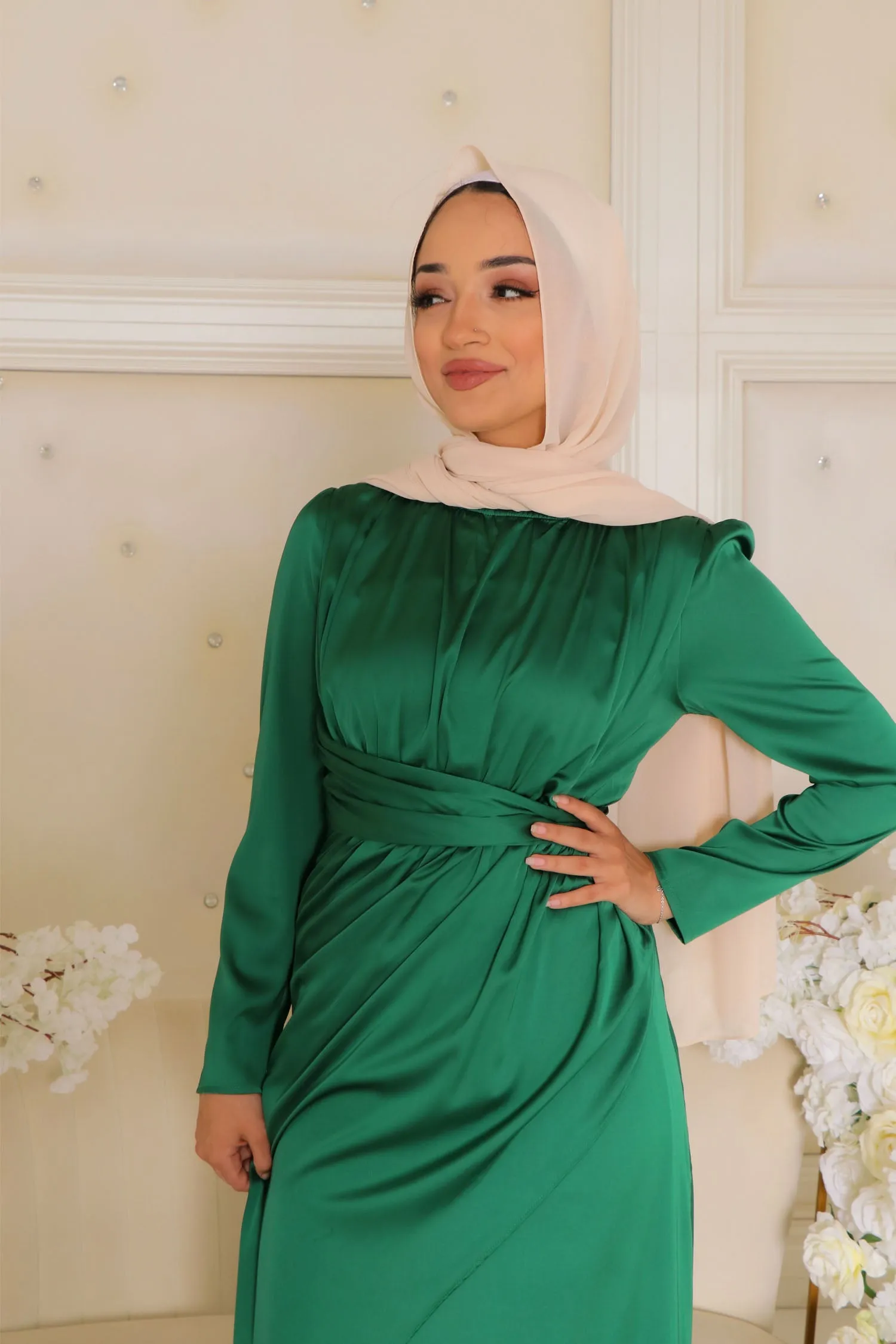 Sarai Layer Satin Dress- Hunter Green